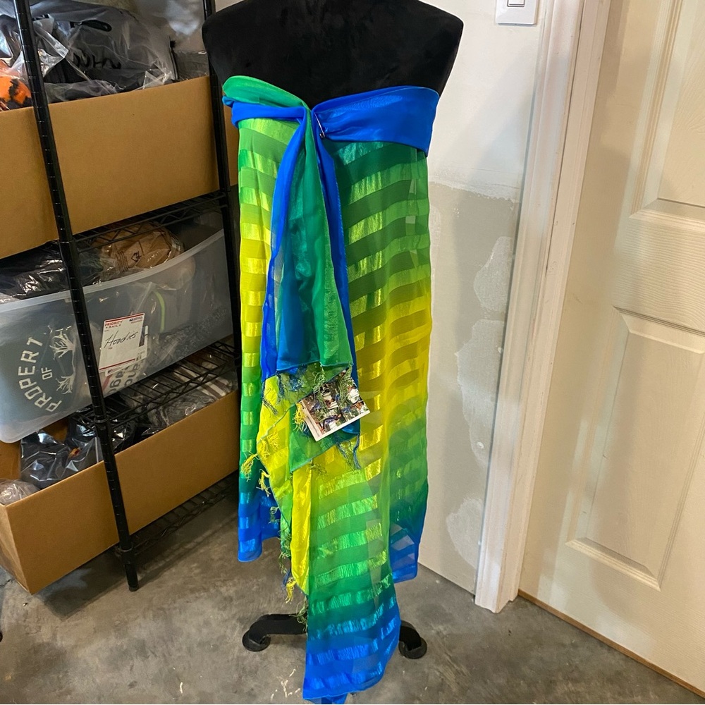 Rima Sarong Blue Yellow Green Striped Fringe Swimsuit Coverup NWT Beach Summer - Picture 7 of 7